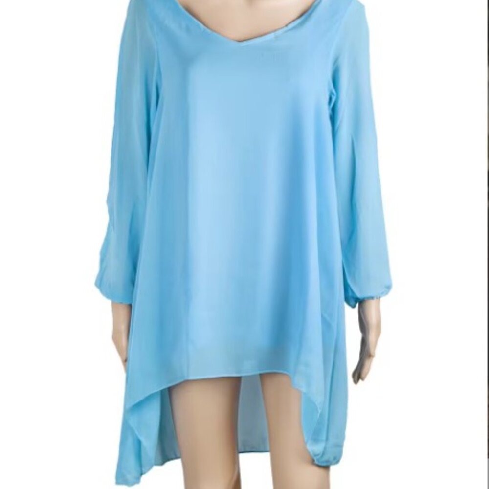 CUTIE| Light Blue Loose Off Shoulder Long Sleeve Chiffon Summer Dress | medium